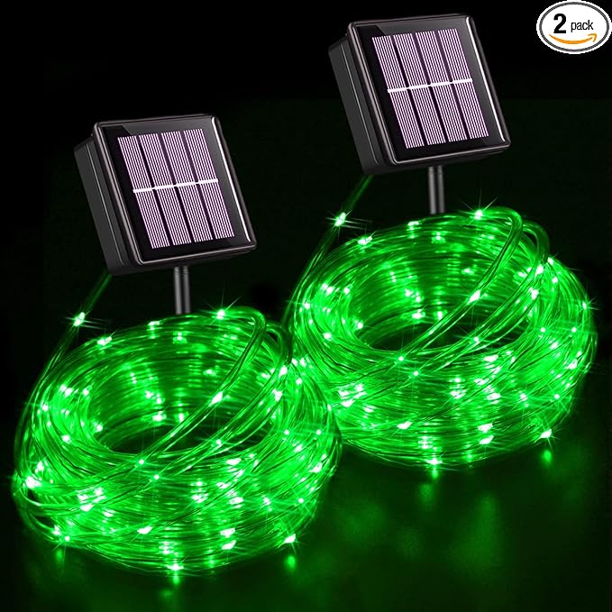 YEGUO Solar Christmas Lights Outdoor Waterproof, 2 Packs Each 33ft 100 LED Rope Lights, 8 Modes Fairy String Lights in Clear Thin Tube for Camping Fence Patio Garden Trampoline Deck(Green)