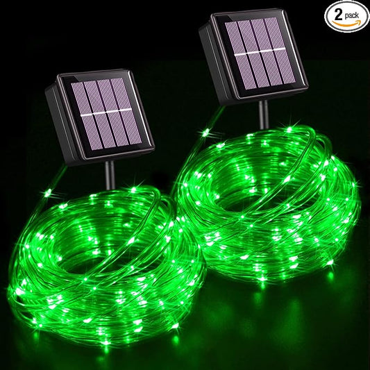 YEGUO Solar Christmas Lights Outdoor Waterproof, 2 Packs Each 33ft 100 LED Rope Lights, 8 Modes Fairy String Lights in Clear Thin Tube for Camping Fence Patio Garden Trampoline Deck(Green)