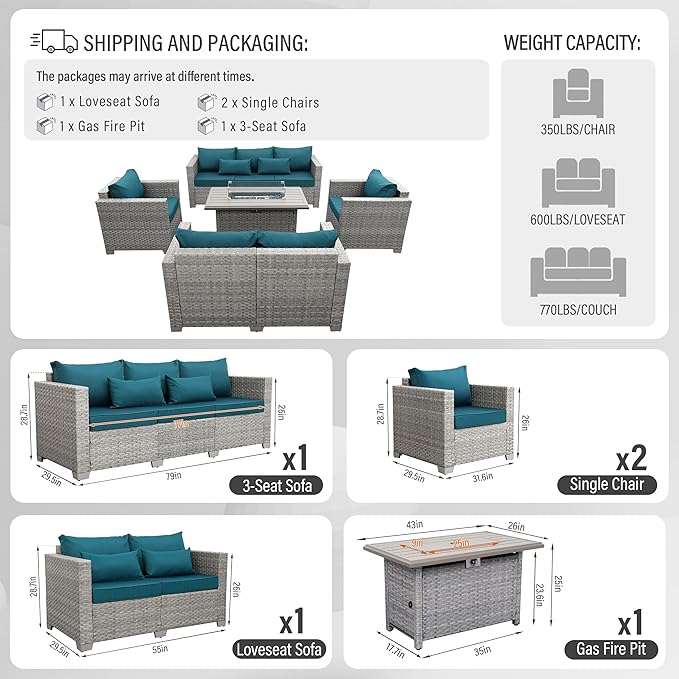 WAROOM Patio Furniture Set 5 Piece Grey Wicker Outdoor Furniture with Fire Pit Table, Patio Sectional Sofa Couch Sets Backyard Deep Seating PE Rattan Chairs, Peacock Blue Cushion