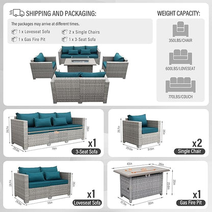 WAROOM Patio Furniture Set 5 Piece Grey Wicker Outdoor Furniture with Fire Pit Table, Patio Sectional Sofa Couch Sets Backyard Deep Seating PE Rattan Chairs, Peacock Blue Cushion