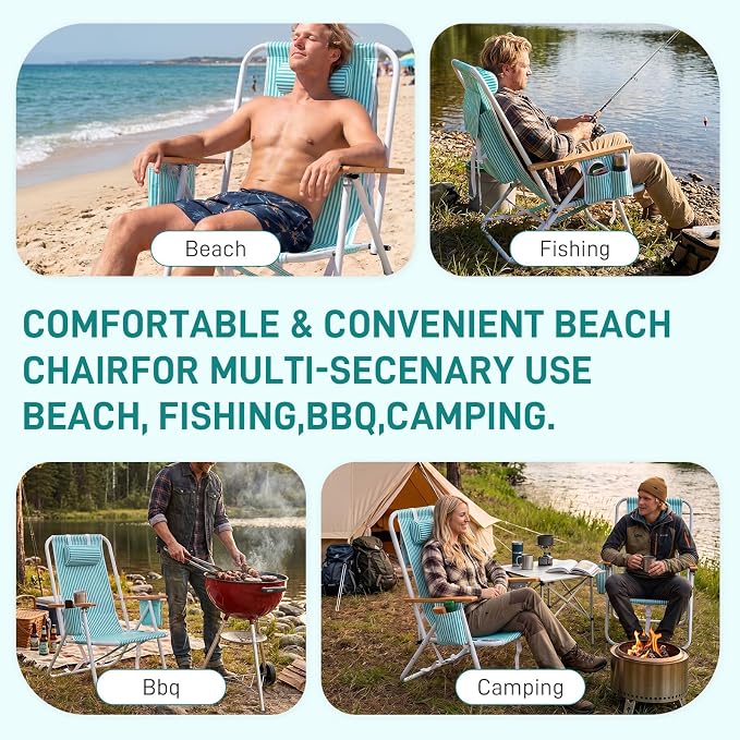 Outvita 2 Pack Folding Beach Chair, 4 Position Adjustable Reclining Lounge Chair with Padded Headrest, Large Rear & Side Storage Pockets, Lightweight Portable Outdoor Chair for Beach Pool Garden BBQ
