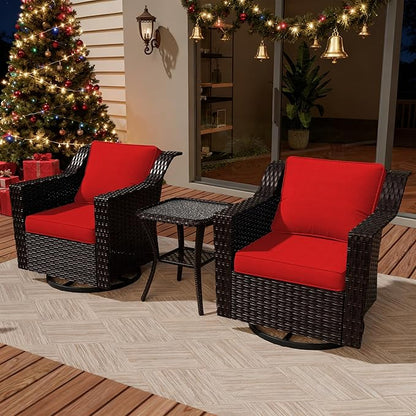 VistaVibe 3 Pieces Outdoor Patio Conversation Furniture Set - 360 Degree Swivel Glider Rocker Chairs | Wicker End Table, Washable Cushions, Hand-Woven PE Rattan, Lawn, Sunroom (Brown/Red)