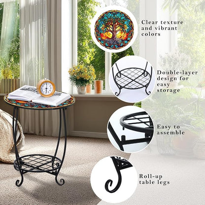 Cinnvoice Outdoor Side Table Round Small Mosaic Patio Accent Indoor End Plant Coffee Tea Table for Yard Patio Porch Garden Living Room, Bedroom(Tree of Life Style,18 Inch)