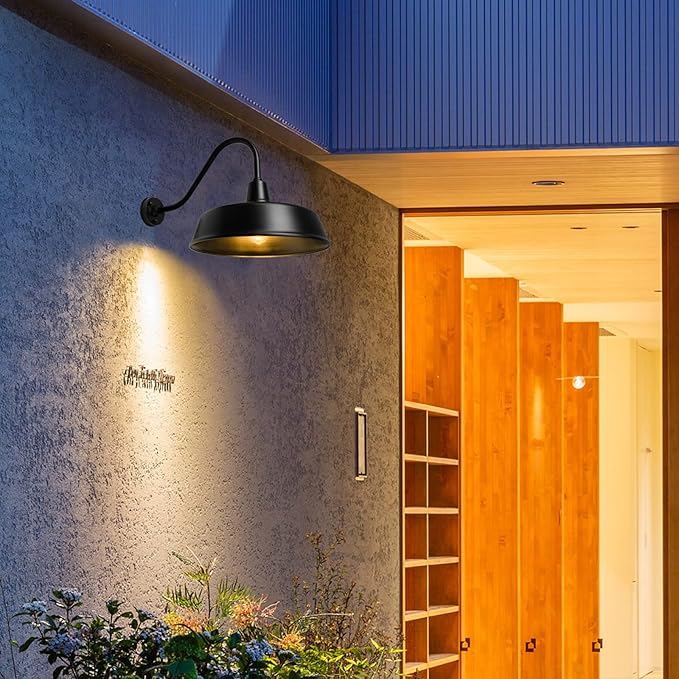 21 inch Barn Lights Outdoor Gooseneck Lighting, Dusk to Dawn Black Exterior Barn Lights, Farmhouse Wall Lighting Fixtures with Sensor for Porch Garage (1, 21" Diameter)