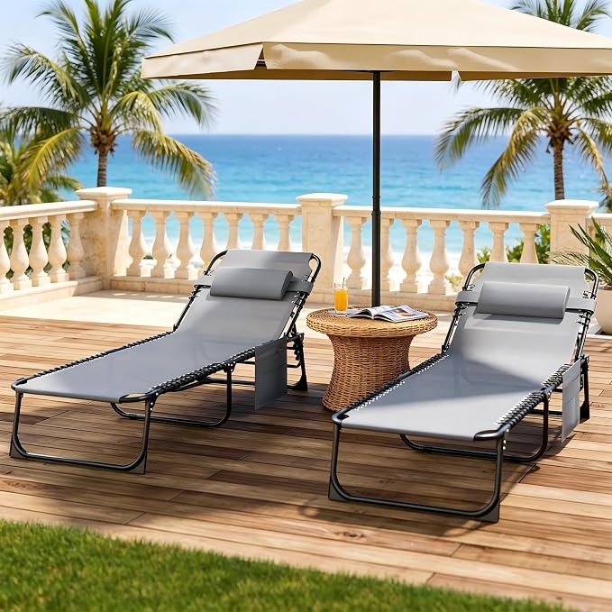 Outdoor Lounge Chair, Foldable Reclining Chaise Lounge with Detachable Pillow & Side Pocket, 4-Position Recliner Tanning Chair for Beach, Pool, Lawn, Backyard, Grey, 2 Packs