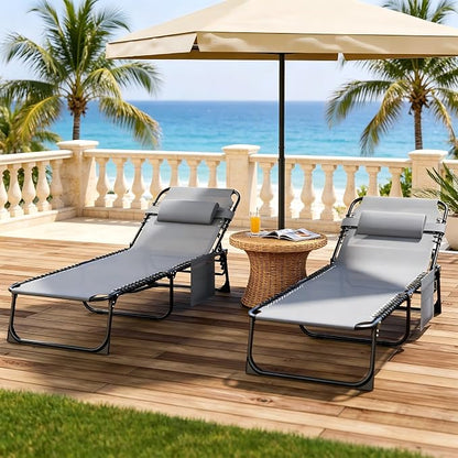 Outdoor Lounge Chair, Foldable Reclining Chaise Lounge with Detachable Pillow & Side Pocket, 4-Position Recliner Tanning Chair for Beach, Pool, Lawn, Backyard, Grey, 2 Packs