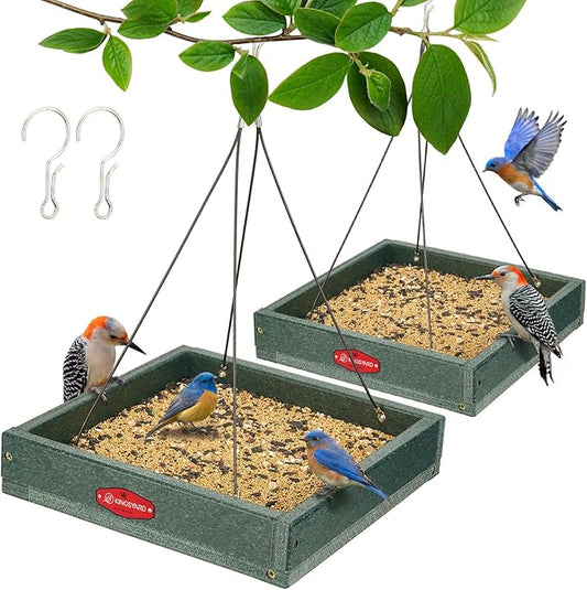Kingsyard 2 Pack Platform Bird Feeder Tray for Outdoor Hanging - Durable Recycled Plastic & Metal Mesh, Large 3.5 lbs Capacity, Ideal for Attracting Large Birds, Green