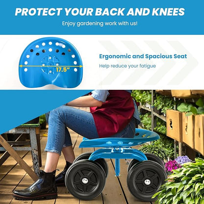 Giantex Garden Cart, Rolling Workseat with 4 Wheels, Garden Stool 360° Swivel Work Seat & Adjustable Height, Heavy Duty Wagon Scooter for Gardening for Patio Garden, Lawn, Yard (Blue)