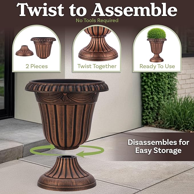 Outdoor Planter 2-Pack - 16x18-Inch Urn Planters for Front Porch Decor, Indoors, Patio or Entryway - Plastic Plant Pots - Large Decorative Flower Pots by Pure Garden (Rustic Bronze)