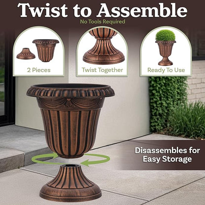 Outdoor Planter 2-Pack - 16x18-Inch Urn Planters for Front Porch Decor, Indoors, Patio or Entryway - Plastic Plant Pots - Large Decorative Flower Pots by Pure Garden (Rustic Bronze)