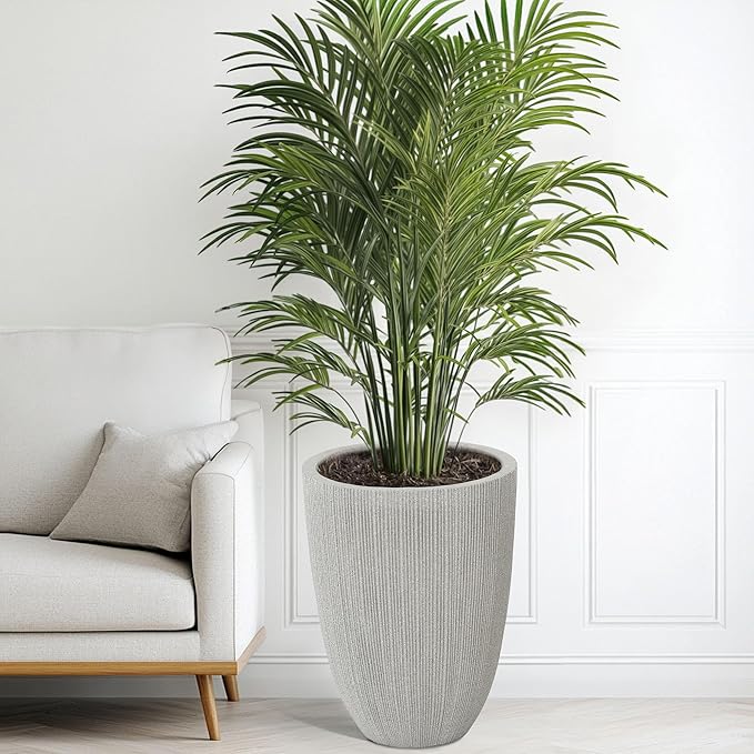 19" Tall Beige Fluted Planters for Indoor & Outdoor, Set of 2 Large Mediterranean-Style Resin Flower Pots with Drainage Holes, UV & Weather Resistant for Patio Porch Home Office Decor