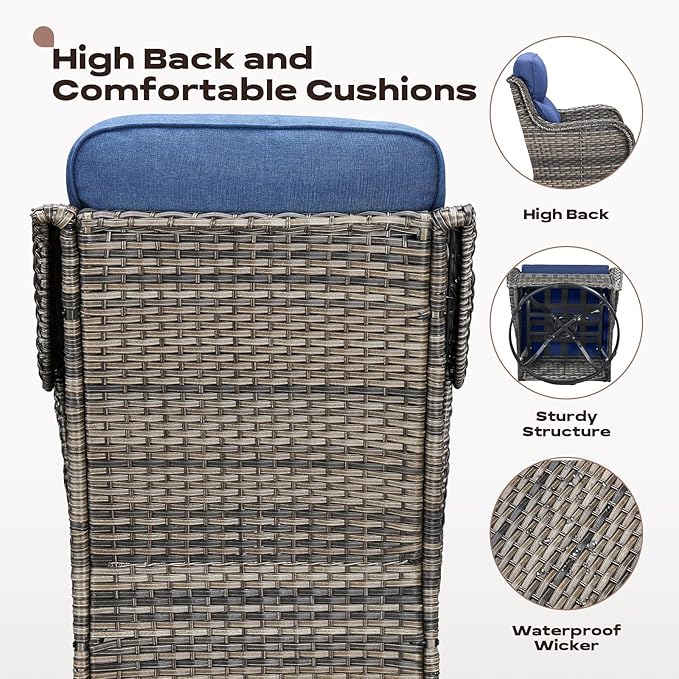 Wicker Outdoor Patio Furniture Sets - 6 Piece Patio Conversation Set with Swivel Rocker Chairs, Ottomans, Sofa and Side Table, 6 inch Cushions, Waterproof Wicker, for Porch Deck Mixed Grey/Blue
