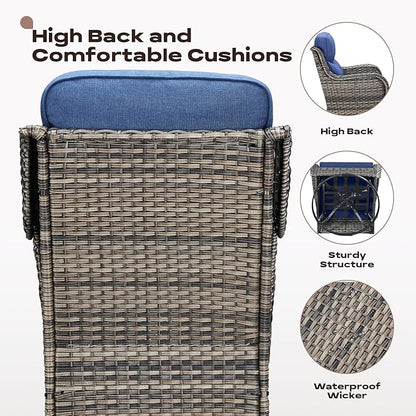 Wicker Outdoor Patio Furniture Sets - 6 Piece Patio Conversation Set with Swivel Rocker Chairs, Ottomans, Sofa and Side Table, 6 inch Cushions, Waterproof Wicker, for Porch Deck Mixed Grey/Blue