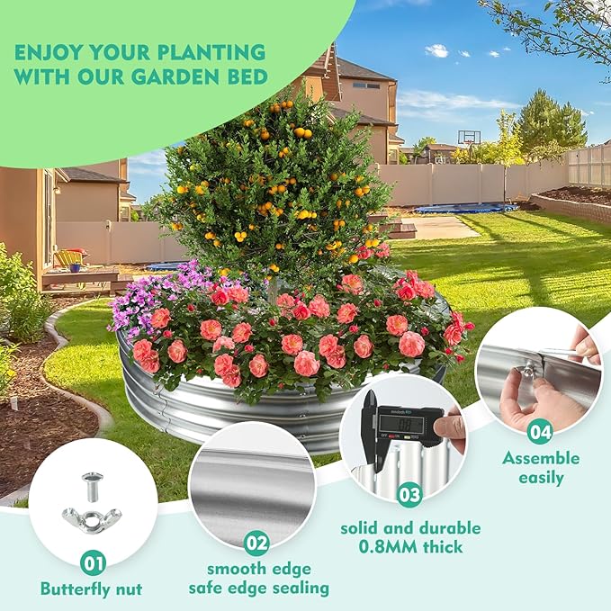60 Inch Diameter Galvanized Garden Raised Bed/Plant Box/Fire Pit Ring-0.8mm Thick,12 Inch Tall,Crimped Edge and Corner,No Sharpe,Perfect for Plantings (Silver, 60 Dia X 11.5 inches)