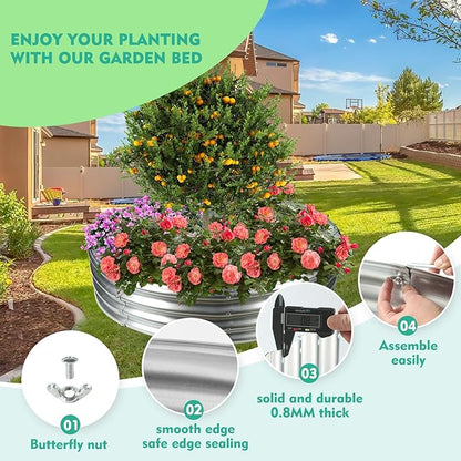 60 Inch Diameter Galvanized Garden Raised Bed/Plant Box/Fire Pit Ring-0.8mm Thick,12 Inch Tall,Crimped Edge and Corner,No Sharpe,Perfect for Plantings (Silver, 60 Dia X 11.5 inches)