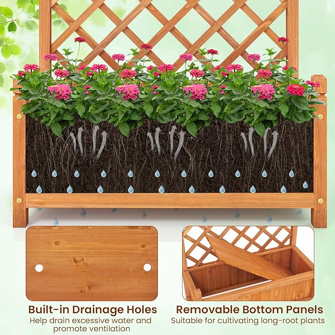 Giantex Raised Garden Bed with Trellis, 60" Wooden Planter Container with Drainage Holes, High Trellis for Plant Flower Climbing Pot Hanging, Indoor & Outdoor Planter Box for Yard Garden Balcony