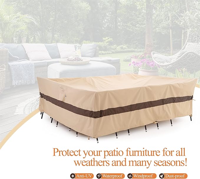 WJ-X3 Large Beige & Coffee Heavy-Duty Patio Table Cover, 136x88x36in, Waterproof, Wind-Resistant, Anti-Fade - Ideal for Sectional Outdoor Furniture Sets