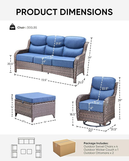 HUMMUH 8 Pieces Wicker Patio Furniture Set with Patio Swivel Chairs Set of 4,High Back Outdoor Sofa Coffee Table Ottomans,6 Inch Thick Cushions Outdoor Conversation Set for Porch, Balcony, Deck