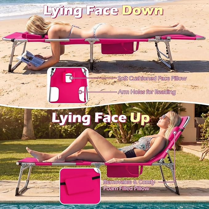 GYMAX Tanning Chair, 3 in 1 Sun Bathing Lounge Chairs with Face/Arm Holes & Side Pocket, Portable Lightweight Face Down Layout Tanning Chair for Outside, Beach, Backyard, Poolside (2, Pink)