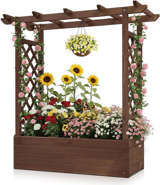 VINGLI Raised Garden Bed with Trellis & Hanging Roof, Wooden Garden Bed, Outdoor Planter Box for Yard, Garden, Balcony (Carbonized Wood Color, Medium)