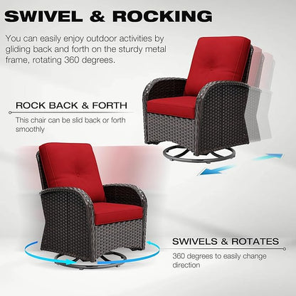 Joyside Outdoor Swivel Rocker Chairs, 3 Piece Wicker Patio Set with Thick Cushion and Side Table, Rattan Patio Swivel Rocking Chairs for Porch, Deck Use (Brown/Red, 3 PCS)