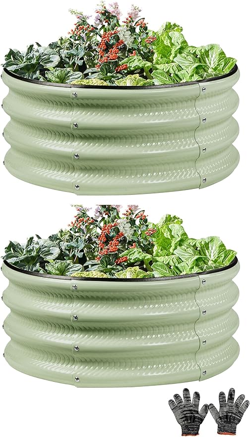 2 pcs 2×2×1 ft Round Metal Raised Garden Bed, Light Green Galvanized Outdoor Planter Box for Vegetables, Fruits, Flowers & Herbs