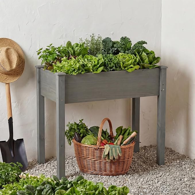 NEWBULIG Raised Garden Bed with Legs 34x18x30in,Elevated Wood Planter Box Stand for Outdoors Garden Balcony Courtyard,Natural Wood 400 Pound Capacity, for Planting Herbs Flowers Vegetables,Dark Grey