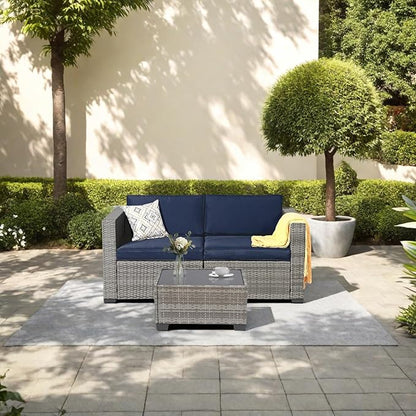 3-Piece Outdoor Patio Sectional Set, Durable Rattan Couch, Waterproof Sofa for Your Villa, Balcony, Porch, Backyard, Deck, Navy Blue