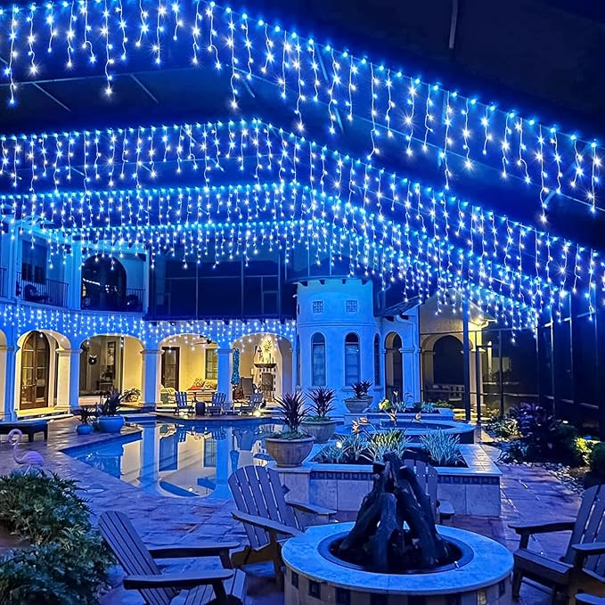 Icicle Christmas Lights Outdoor, 66ft 640 LED Blue and White Christmas Lights 8 Modes with 120 Drops, Waterproof Icicle Light Plug in for Indoor Outside Party Holiday Xmas Halloween Decorations