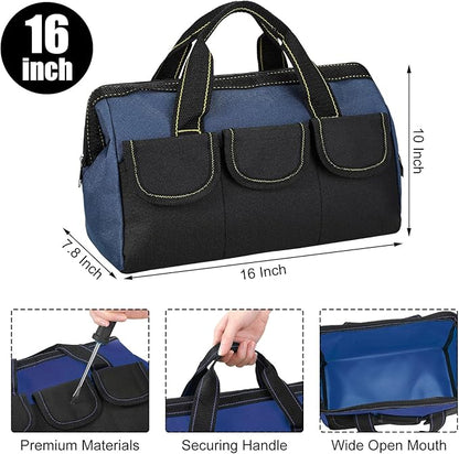 Sanwuta 3 Pack Tool Bag for Men with Waterproof Hard Bottom, Heavy Duty Tool Bag Wide Mouth Tote for Various Instrument, Electrician Carpenter Mechanic(Blue,16 Inch,Classic)