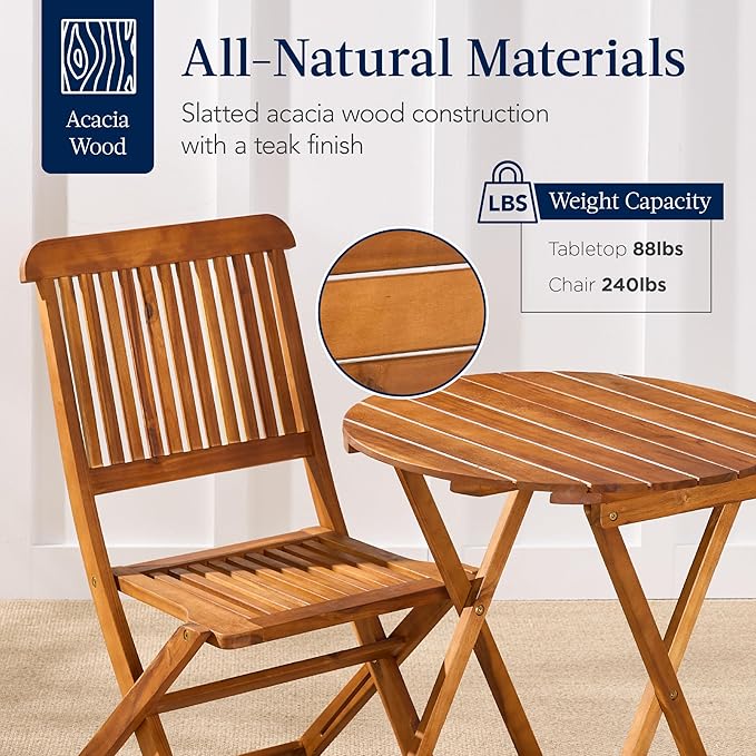 Best Choice Products 3-Piece Acacia Wood Bistro Set, Folding Patio Furniture for Backyard, Balcony, Deck w/ 2 Chairs, Round Coffee Table, Teak Finish - Natural