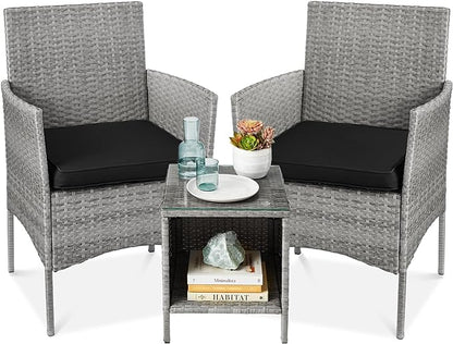 Best Choice Products 3-Piece Outdoor Wicker Conversation Bistro Set, Space Saving Patio Furniture for Garden w/Side Table - Gray/Black