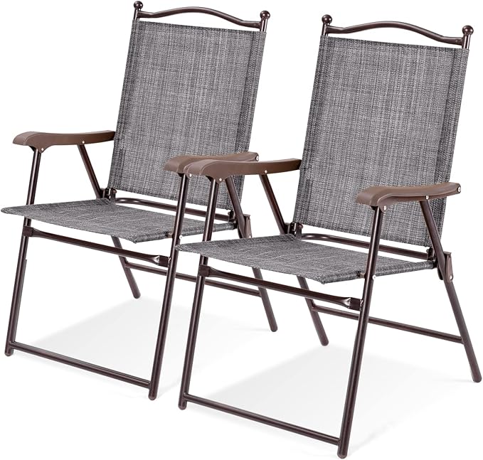 Tangkula Set of 2 Patio Folding Dining Chairs, Outdoor Sling Lawn Chairs with Armrests, Steel Frame, Portable Camping Lounge Chairs for Backyard, Deck, Poolside and Garden, No Assembly (1, Grey)