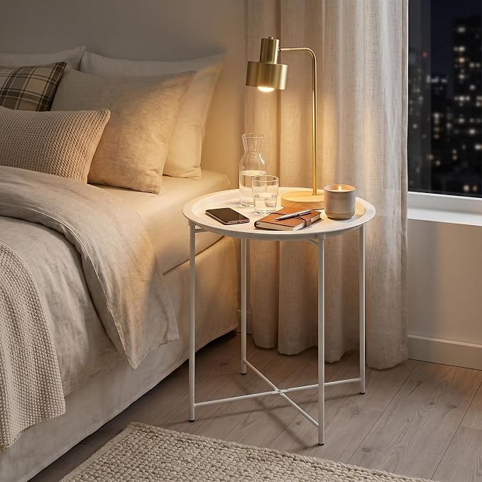 VECELO Side/End Table, Folding Round Metal Anti-Rust and Waterproof Outdoor or Indoor Tray for Living Room Bedroom Balcony and Office, 2 PCS, Beige