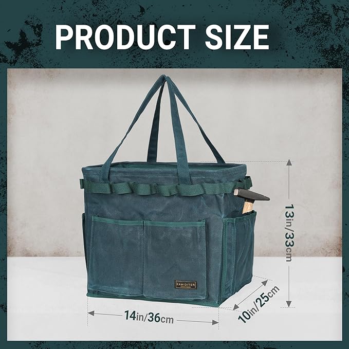 Collapsible Waxed Canvas Tool Pouch with 23 Hanging Holes - Reusable Grocery Bags with Handles for Garden/Camping/Tools/Car Trunk Storage, 14" x 13" x 10" | Dark Green