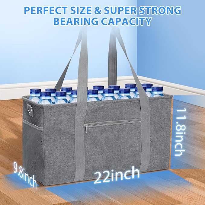 GARPROVM Extra Large Grocery Tote Bag, 42L Reusable Grocery Bags, Foldable Shopping Bag Beach Bag Shopping Basket Utility Tote with Metal Frame Removable Shoulder Strap Bottom, 22"x9.8"x11.8"