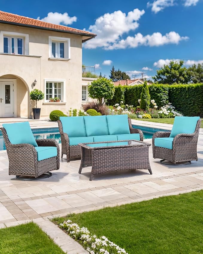 Luxury 22x24/22x25 6-Inch Outdoor Seat Cushions - Set of 2 Water Resistant Patio Chair Cushion for Porch Rattan Dining Rocker Glider Chairs Loveseat Couch Sectional Sofa - Turquoise