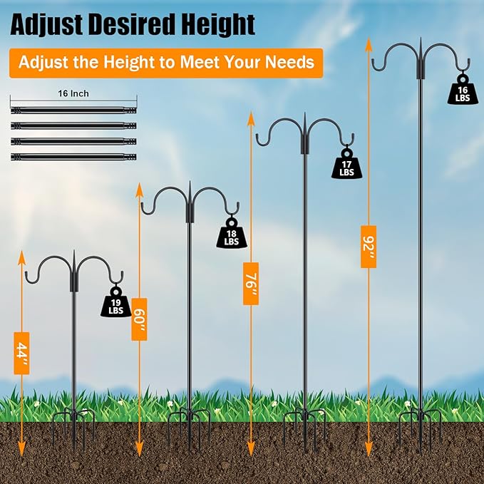 FEED GARDEN Heavy Duty Shepherds Hook 92" Double Hooks Adjustable (44/60/76/92") - Metal 5-Prong Base, 15lb Capacity - Easy Assembly Bird Feeder Pole for Hanging Planters, Lanterns, Wind Chimes