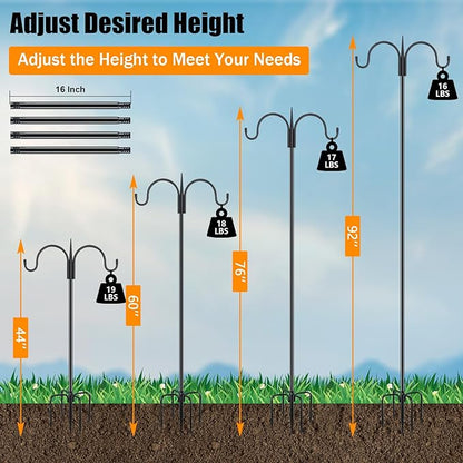 FEED GARDEN Heavy Duty Shepherds Hook 92" Double Hooks Adjustable (44/60/76/92") - Metal 5-Prong Base, 15lb Capacity - Easy Assembly Bird Feeder Pole for Hanging Planters, Lanterns, Wind Chimes