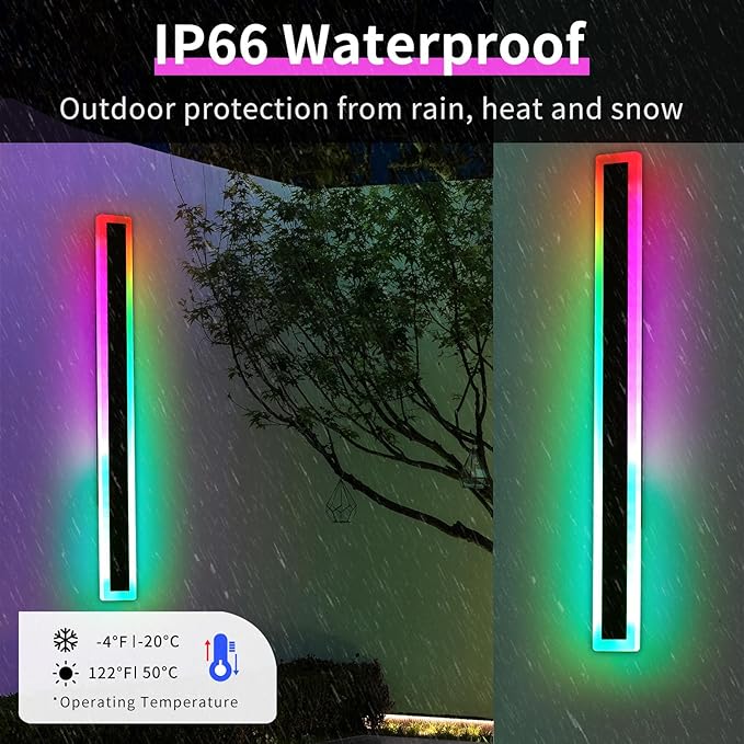 2 Pack RGB Modern Outdoor Wall Lights, 57inch Dimmable LED Wall Sconce Light with Remote Control, 10 Colors, 5 Modes, IP65 Waterproof Exterior Light Fixture for Porch, Patio, Garage