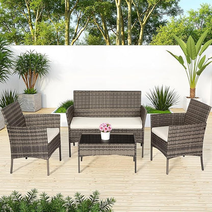 FDW Outdoor Patio Furniture Set Wicker Patio Set PE Rattan Furniture Bistro Set for Outdoor Indoor Use with Loveseats Coffee Table, Khaki Cushions, 4 Pieces