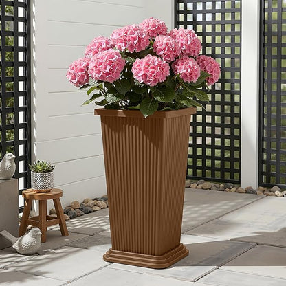 Set of 2 Large Planters for Outdoor Plants 24" Tall Tapered Modern Flower Pots with Drainage Tray for Garden, Patio, Porch (Brown Ribbed)
