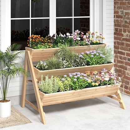 Giantex 3-Tier Raised Garden Bed, Wooden Vertical Planter Box with Storage Shelf, 2 Hanging Hooks & 3 Bed Liners, All-Weather Freestanding Planter, Elevated Raised Beds for Lawn Patio, Natural