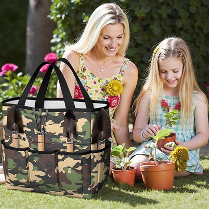 Green Camo Garden Tool Bag - Waterproof Garden Tote with 8 Pockets, Large Storage Home Organizer Gardening Tool Oxford Bag for Garden Tools Kits Holder, Ideal Outdoor Gardening Gift for Women & Men