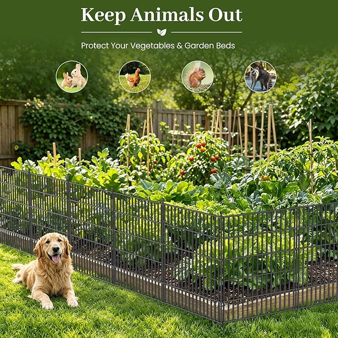 15 Panels No Dig Decorative Outdoor Garden Fence with Gate for Yard, 32 in(H) X 35.4 ft(L) Animal Barrier Fencing Rustproof Metal Wire Panel Border for Dog, Rabbits, and Patio Temporary Ground Stakes