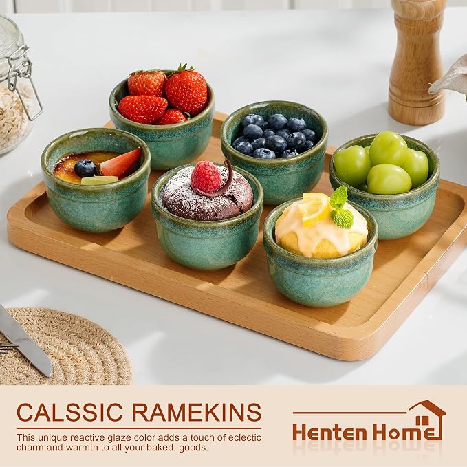 Henten Home 6 oz Ramekins Set Oven Safe, Ceramic Creme Brulee Ramekins Set of 2, Baking Cups for Pudding, Souffle, Ice Cream, Snack, Dipping (Green)