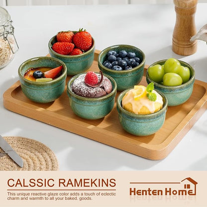 Henten Home 6 oz Ramekins Set Oven Safe, Ceramic Creme Brulee Ramekins Set of 2, Baking Cups for Pudding, Souffle, Ice Cream, Snack, Dipping (Green)