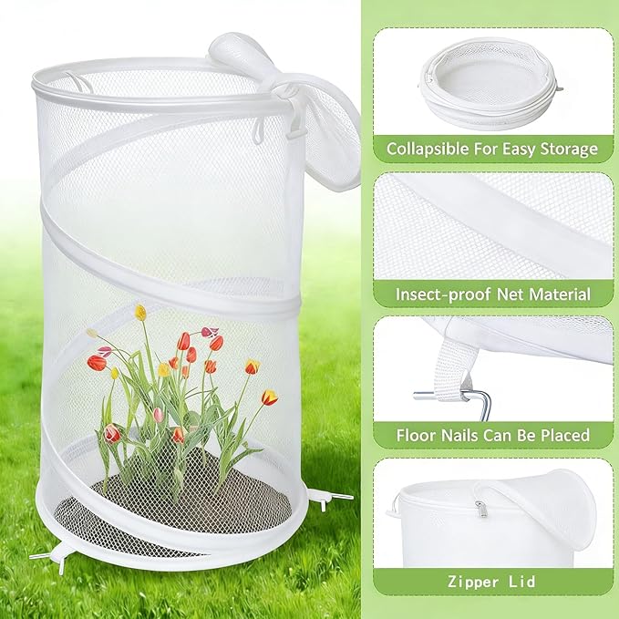 2 Pcs Pop Up Mesh Plant Protectors, 21 x 13 Foldable Garden Cover, Specifically Designed for Outdoor Vegetables, Seedlings & Flowers, Animal Barrier Cloches with Stakes (White)