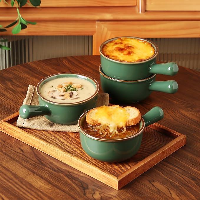 MONITO 26 Oz French Onion Soup Bowls, Ceramic Soup Bowls with Handles, Stackable Soup Crocks, Oven/Microwave/Dishwasher Safe, for Cereal, Soups, Casseroles, Forest Green