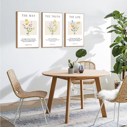 CHDITB Christian Bible Verse Framed Wall Art Set, Floral Scripture Canvas Prints, The Way The Truth The Life Religious Painting, Faith Inspirational Decor for Living Room, Bedroom, Church 16"x24"X3